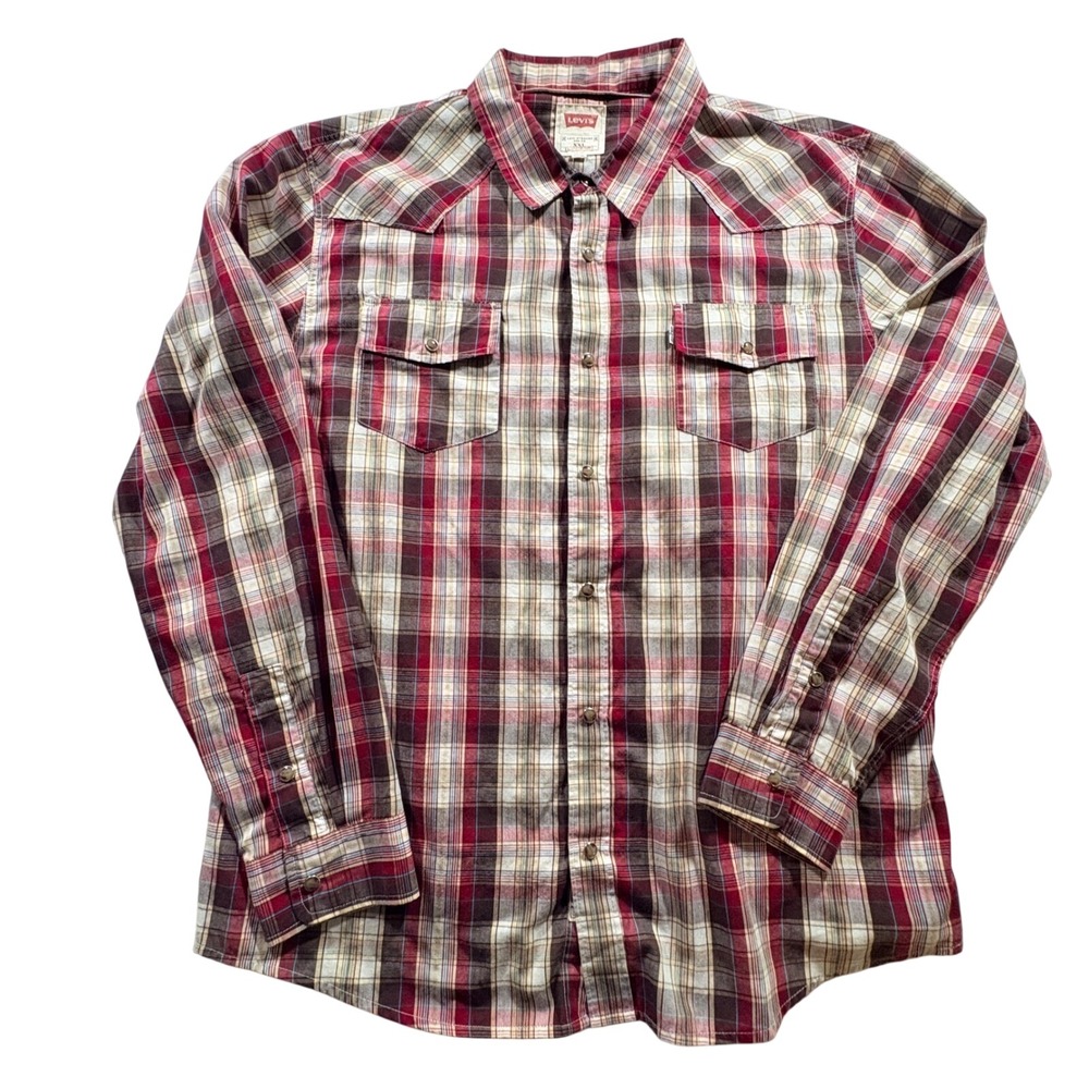 Levi Strauss Western Shirt Mens XXL Red Plaid Modern Fit Pearl Snap Long Sleeve